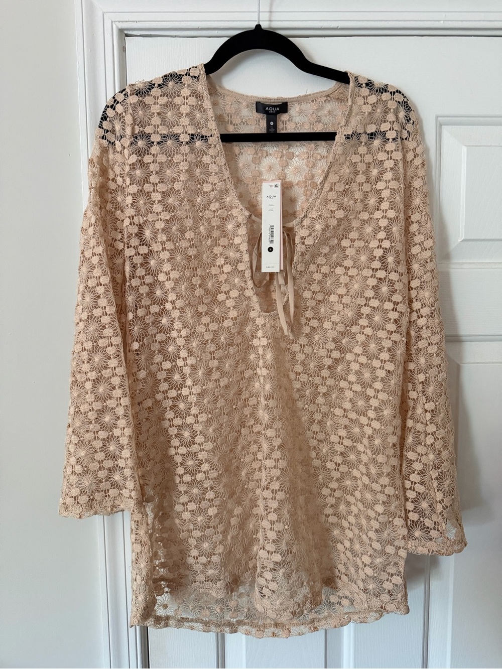 Aqua Beige Floral Crochet V-Neck Tunic with Tie